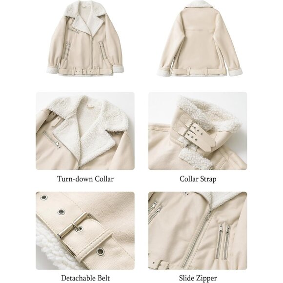 Women beige LY VAREY LIN Faux Leather Sherpa Aviator Bomber Jacket - Picture 7 of 7
